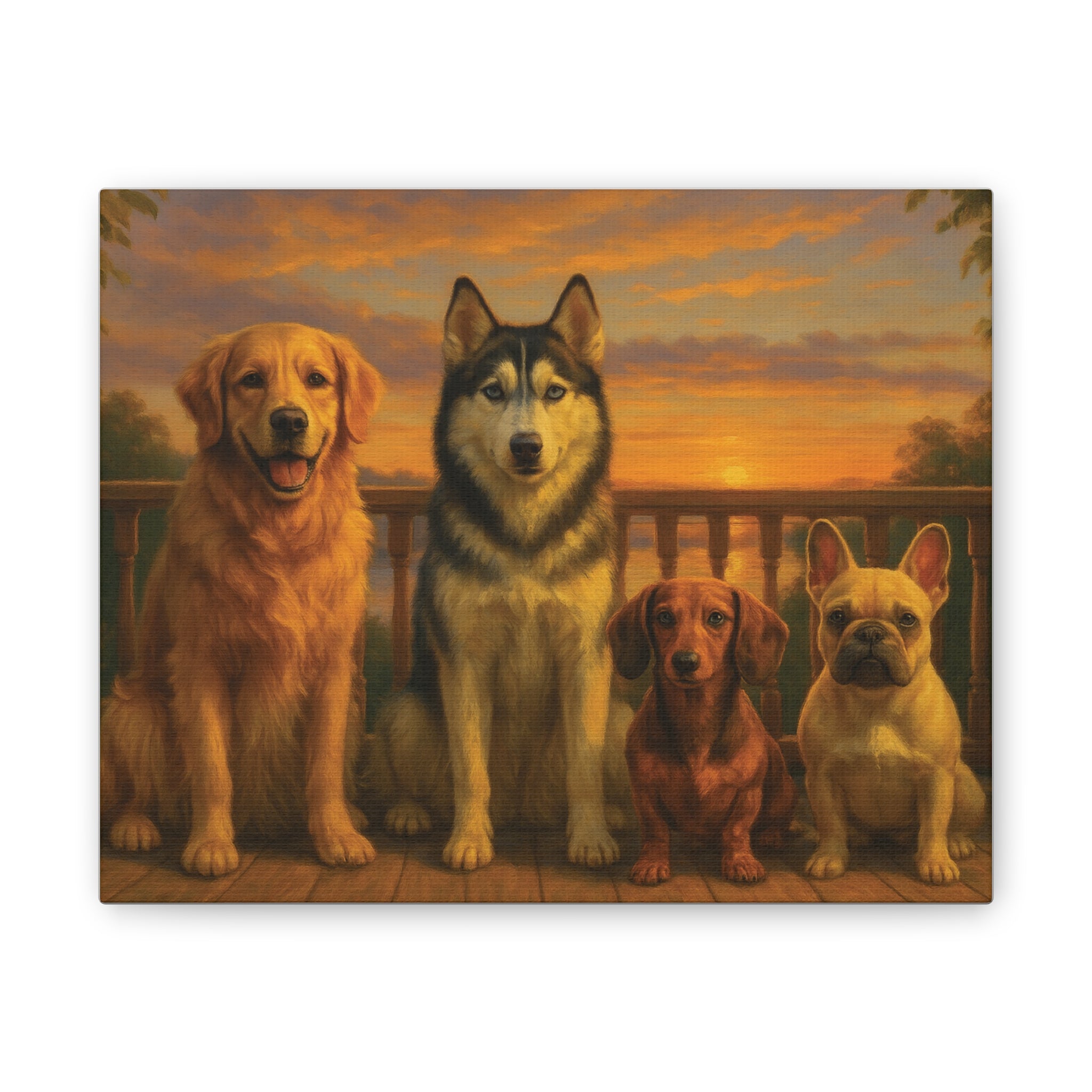 Dog Family Sunset Canvas Print — Golden Retriever, Husky, Dachshund & French Bulldog Wall Art