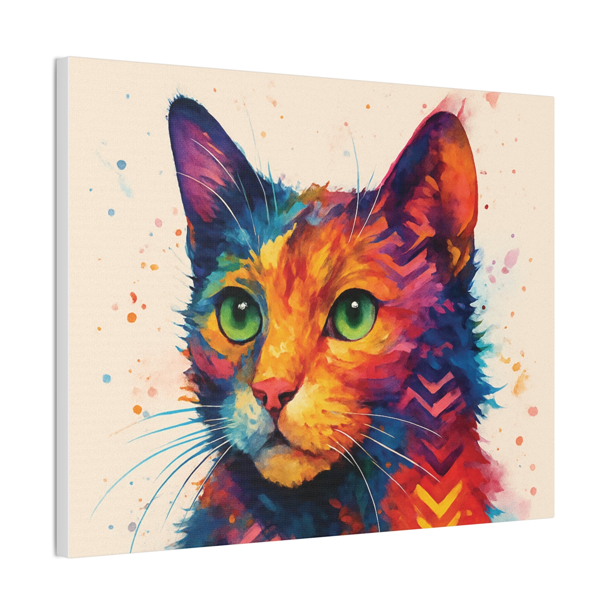 Colorful Watercolor Cat Canvas – Vibrant Green-Eyed Feline Wall Art