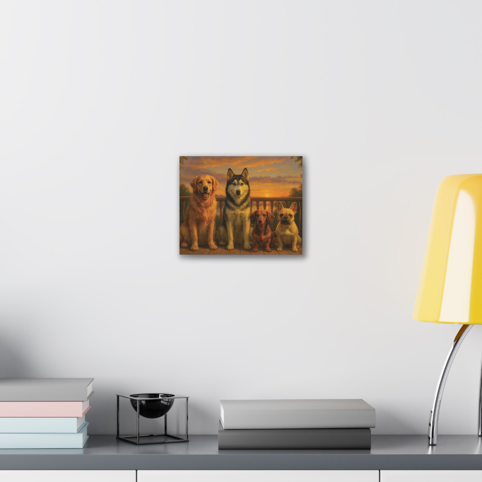 Dog Family Sunset Canvas Print — Golden Retriever, Husky, Dachshund & French Bulldog Wall Art