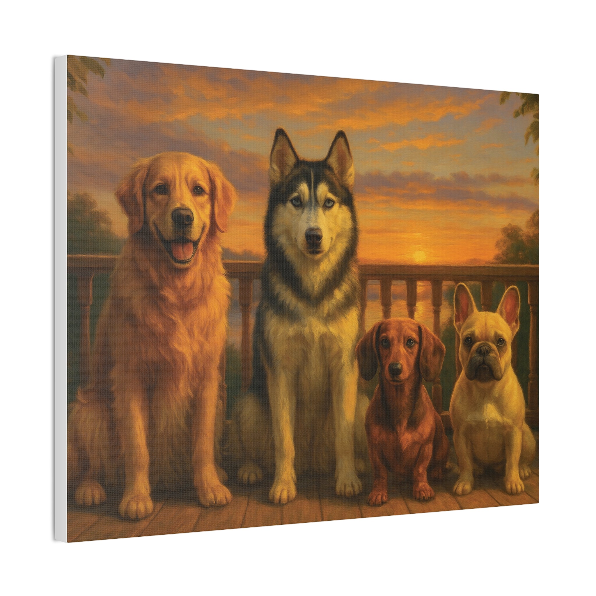Dog Family Sunset Canvas Print — Golden Retriever, Husky, Dachshund & French Bulldog Wall Art