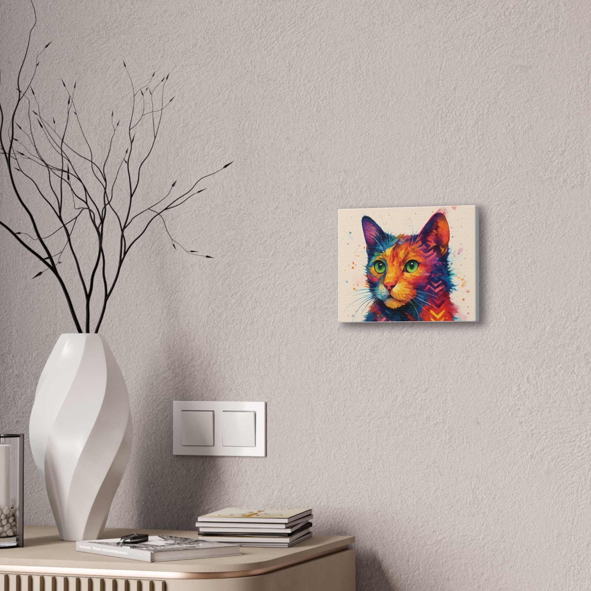 Colorful Watercolor Cat Canvas – Vibrant Green-Eyed Feline Wall Art