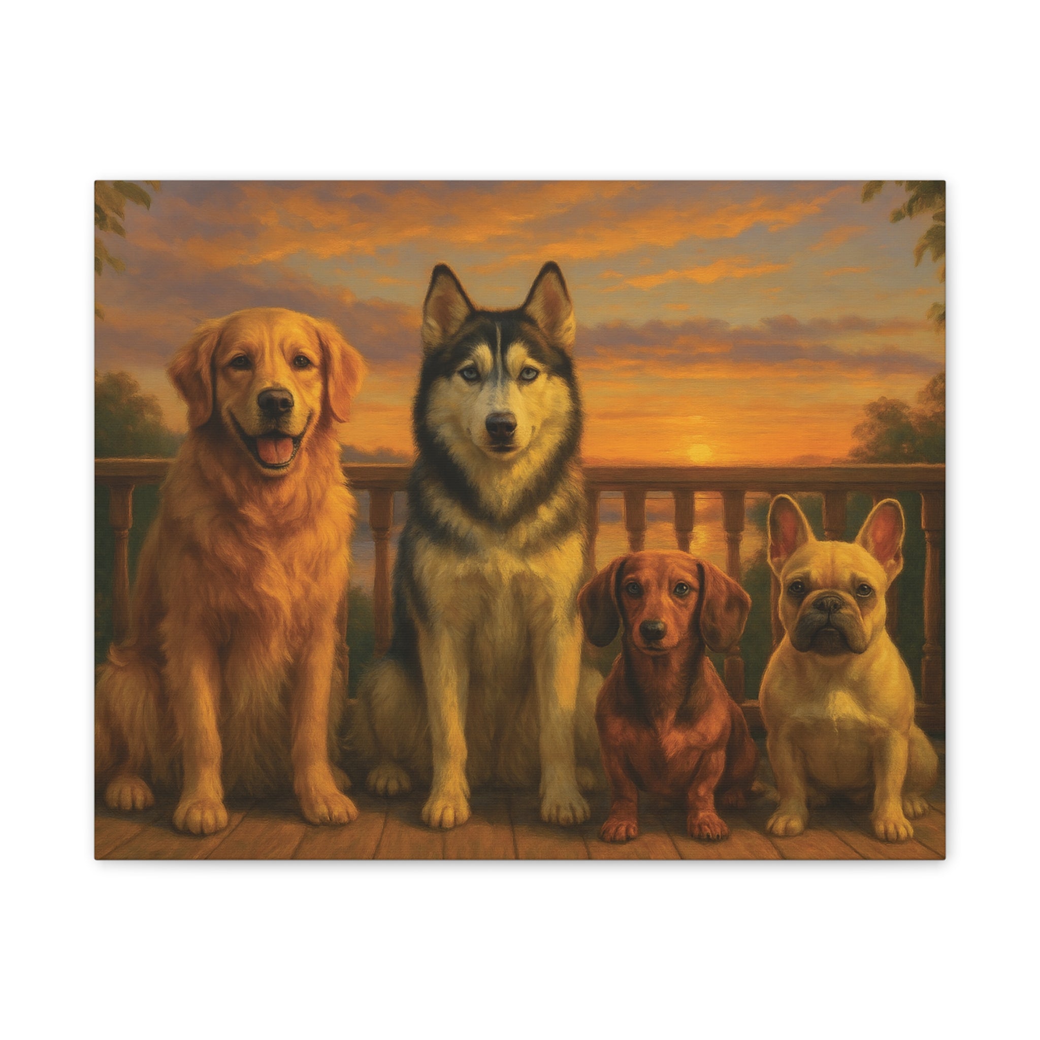 Dog Family Sunset Canvas Print — Golden Retriever, Husky, Dachshund & French Bulldog Wall Art
