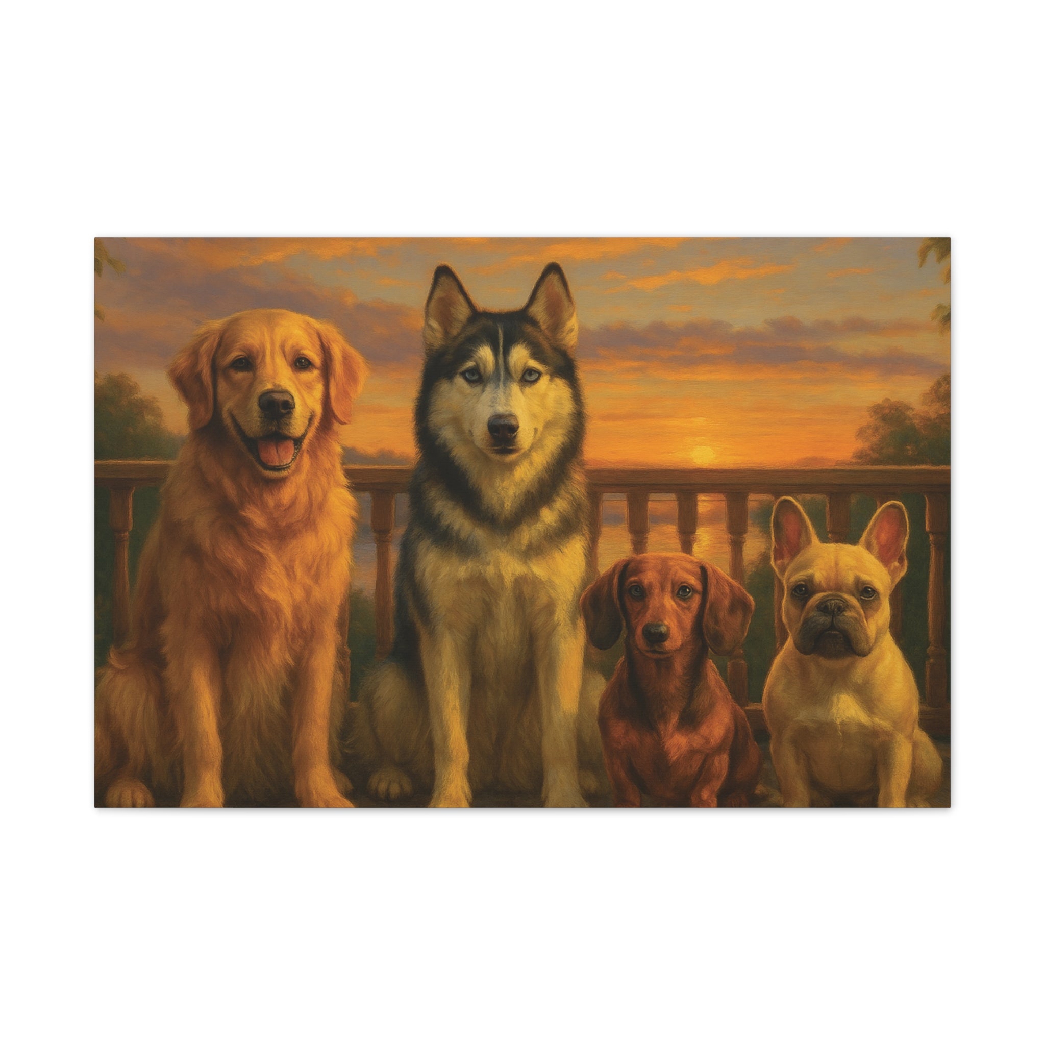 Dog Family Sunset Canvas Print — Golden Retriever, Husky, Dachshund & French Bulldog Wall Art