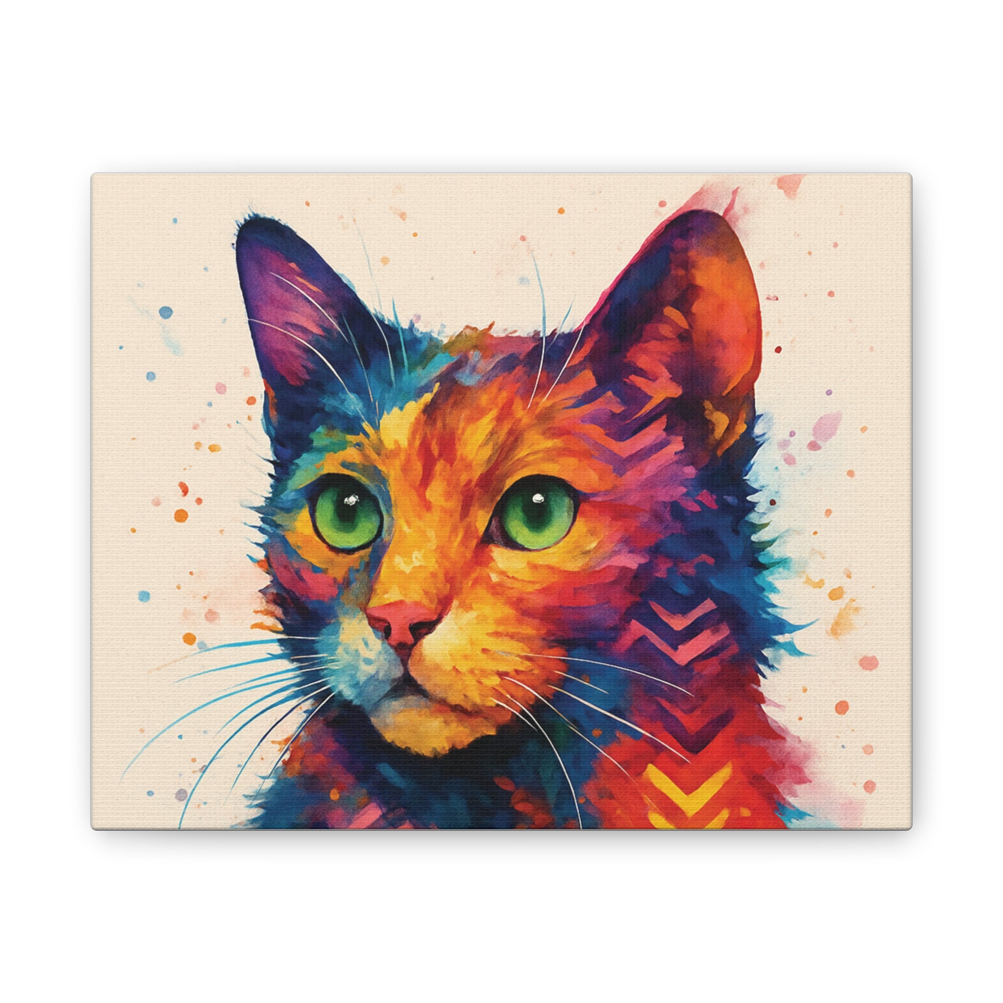 Colorful Watercolor Cat Canvas – Vibrant Green-Eyed Feline Wall Art