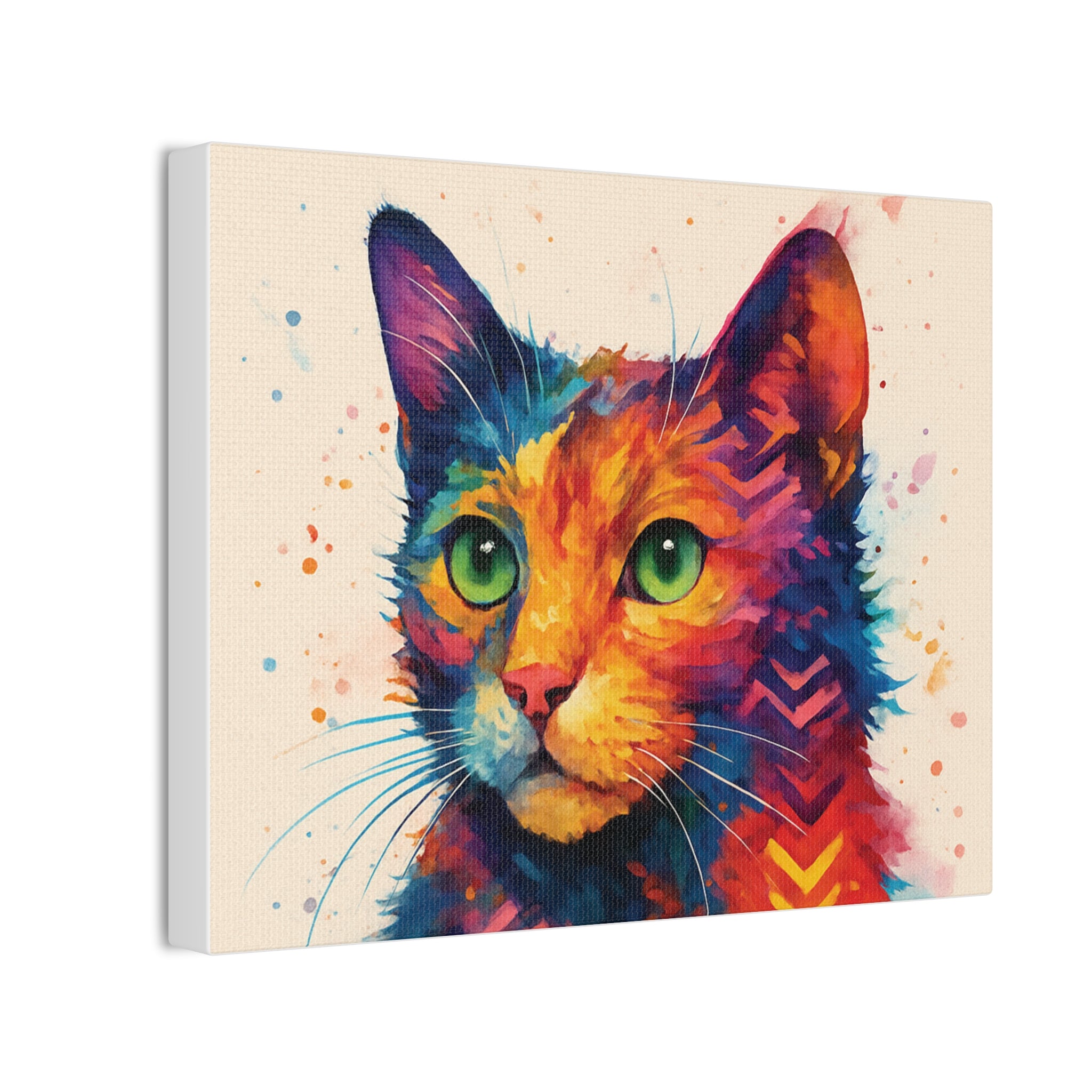 Colorful Watercolor Cat Canvas – Vibrant Green-Eyed Feline Wall Art