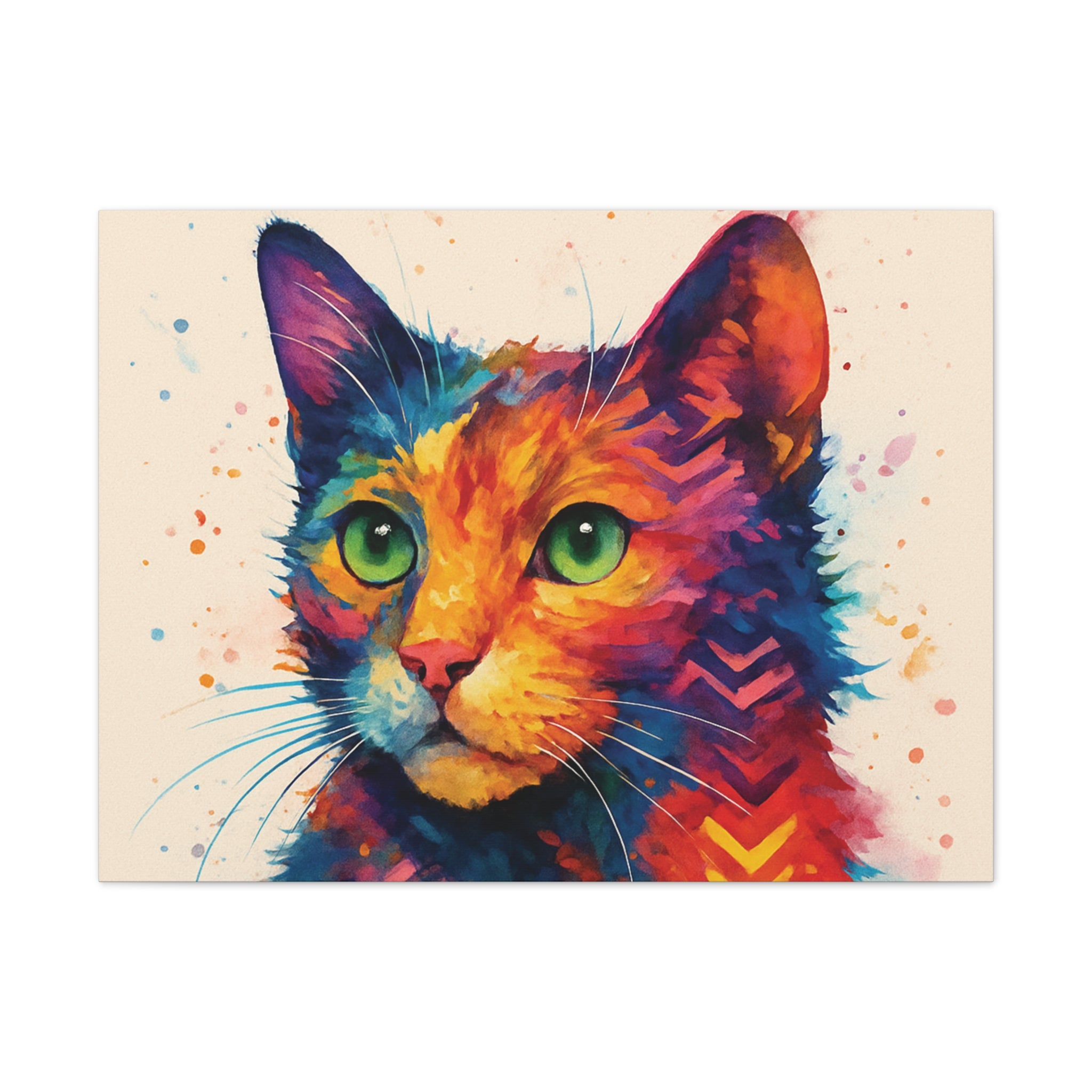 Colorful Watercolor Cat Canvas – Vibrant Green-Eyed Feline Wall Art