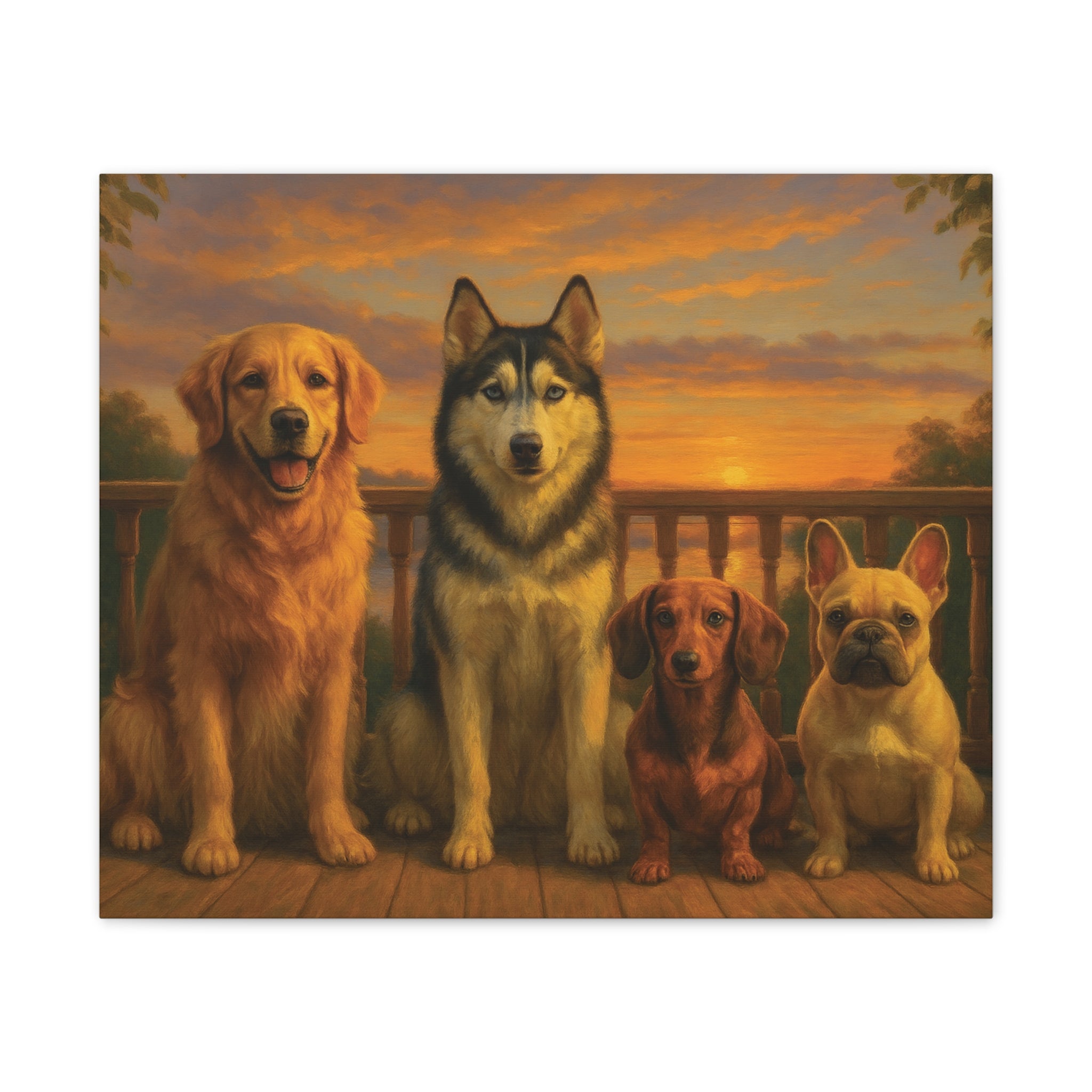 Dog Family Sunset Canvas Print — Golden Retriever, Husky, Dachshund & French Bulldog Wall Art